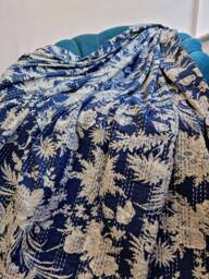 Kantha Stitch Pure Cotton Reversible Bed/Sofa Throw King Size - Handmade Handprinted Floral Dohar Midnight Dark Navyblue Beige - thumbnail 1