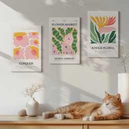 Canvas Art Set Of 3 - Flowers & Leaves in A Modern Style Posters, Pink Wall Art, Plants Decor