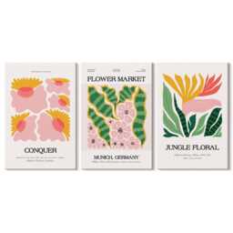 Canvas Art Set Of 3 - Flowers & Leaves in A Modern Style Posters, Pink Wall Art, Plants Decor - thumbnail 3