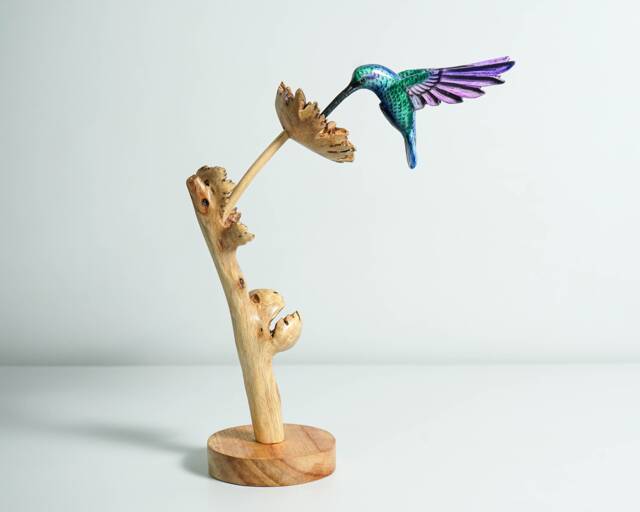 Green Hummingbird Statue, Blue, Painted Sculpture, Wood Carving Figure, Colorful Bird Colibri, Home Decoration, Gift For Girlfriend - image 1