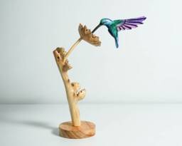 Green Hummingbird Statue, Blue, Painted Sculpture, Wood Carving Figure, Colorful Bird Colibri, Home Decoration, Gift For Girlfriend - thumbnail 1