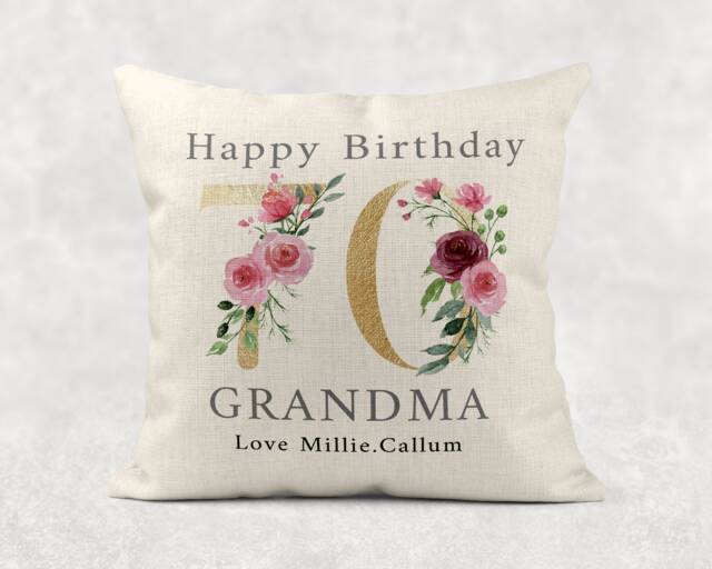 Personalised Floral Birthday Pillow Gold Number, Linen Style Cushion - image 1