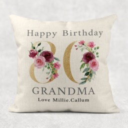 Personalised Floral Birthday Pillow Gold Number, Linen Style Cushion - thumbnail 3