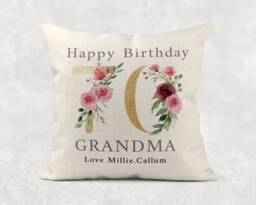 Personalised Floral Birthday Pillow Gold Number, Linen Style Cushion