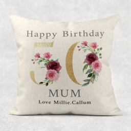 Personalised Floral Birthday Pillow Gold Number, Linen Style Cushion - thumbnail 2