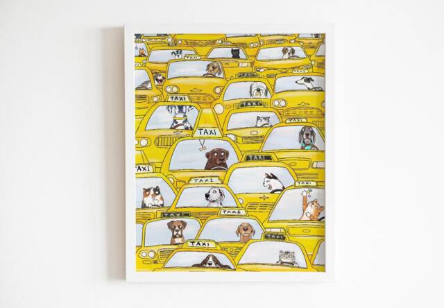 Dogs & Cats New York City Taxi Cabs Art Print, Nyc Watercolor Painting, Cute Pets Art, Yellow Cab Wall - 8x10 - image 1