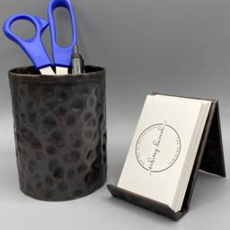 Handcrafted Hammered Copper Desk Set Bronze Card & Pencil Holder - thumbnail 3