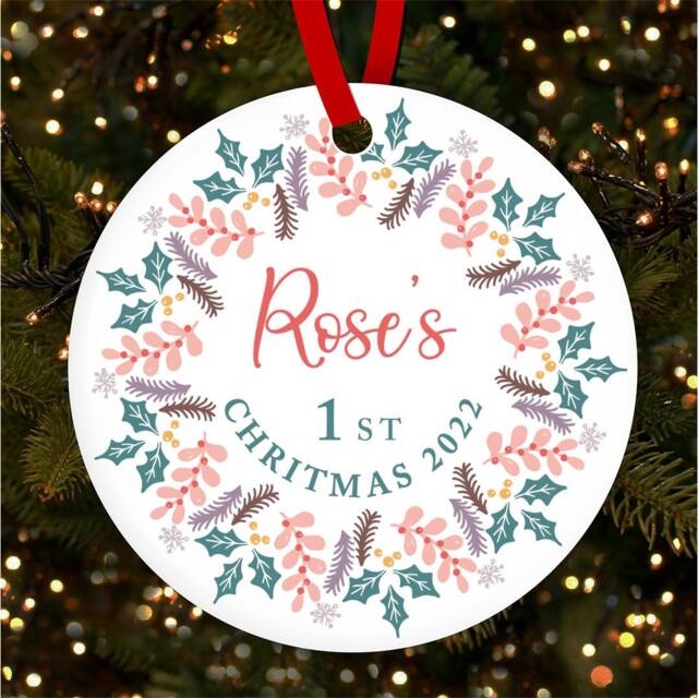1st Pink Winter Wreath Round Personalised Christmas Tree Ornament Decoration