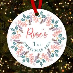 1st Pink Winter Wreath Round Personalised Christmas Tree Ornament Decoration
