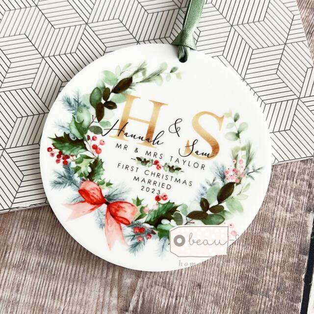 Personalised First Christmas Married Wedding Gift As Mr Mrs Gift Newlywed Bow Wreath Greenery Ceramic Or Acrylic Round Ornament Keepsake - image 1
