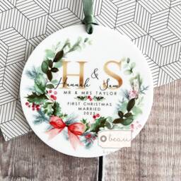 Personalised First Christmas Married Wedding Gift As Mr Mrs Gift Newlywed Bow Wreath Greenery Ceramic Or Acrylic Round Ornament Keepsake - thumbnail 2