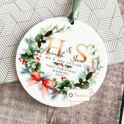 Personalised First Christmas Married Wedding Gift As Mr Mrs Gift Newlywed Bow Wreath Greenery Ceramic Or Acrylic Round Ornament Keepsake