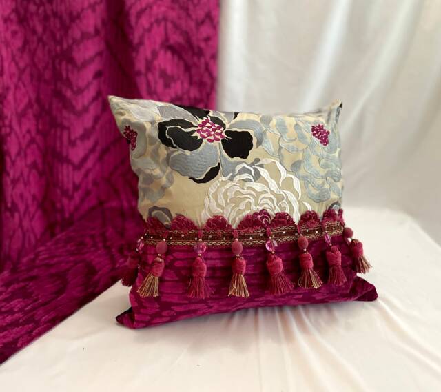 Embroidered Silk Pillow Bohemian Quilted Velvet Cushion With Tassel Trim - image 1