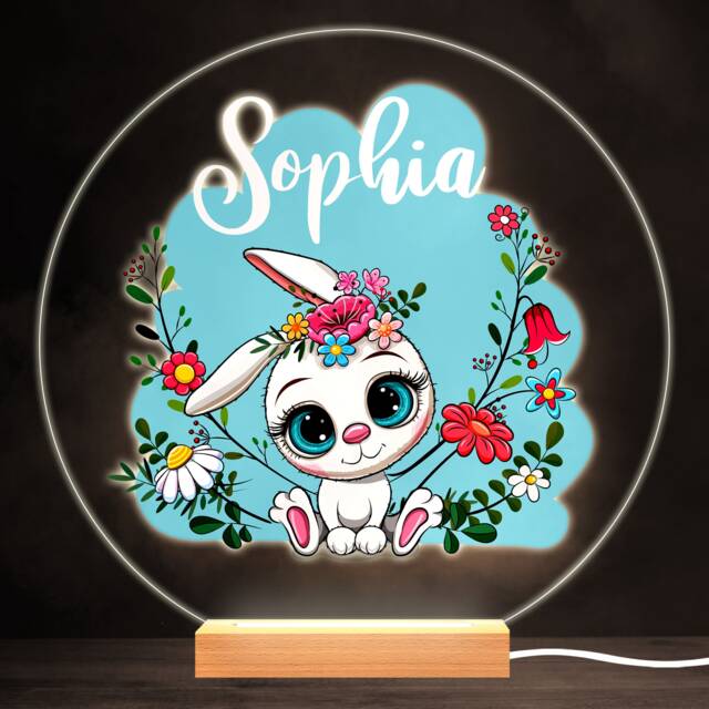 Floral Cute Bunny Colourful Round Personalised Gift Led Lamp Night Light - Bedroom - image 1