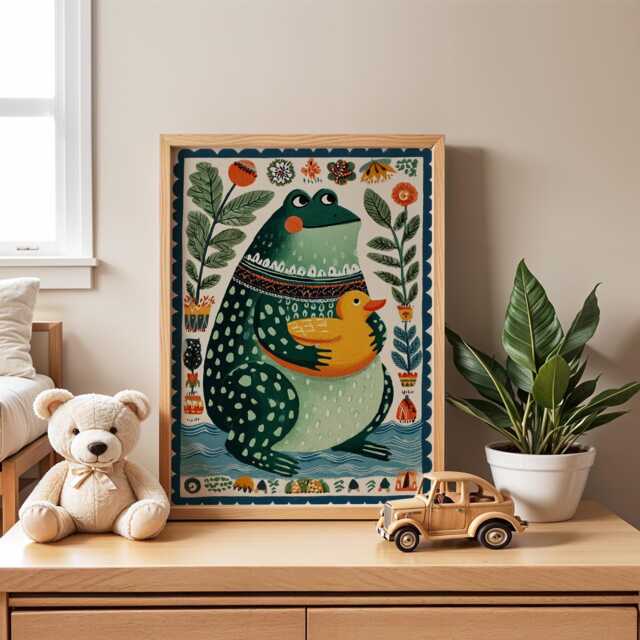 Frog & Duck Nursery Poster - Cute Animal Wall Art For Kids Room Funny Woodland Print Bedroom Decor - image 1