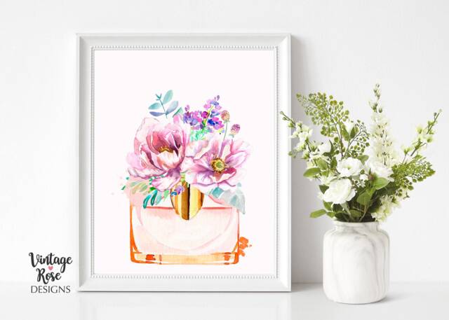 Designer Perfume Bottle Print, Peach Pink Perfume, Bedroom Decor, Art, Watercolour Flowers, Glamour Beauty, Gift For Her, Feminine - image 1