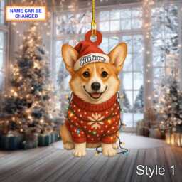 Custom Name Cute Sitting Corgi Dog With Santa Hat Christmas Lights Ornament, Festive Tree Hanging Acrylic Decor, Flat 2D Ornament - thumbnail 2