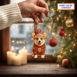 Custom Name Cute Sitting Corgi Dog With Santa Hat Christmas Lights Ornament, Festive Tree Hanging Acrylic Decor, Flat 2D Ornament - thumbnail 3