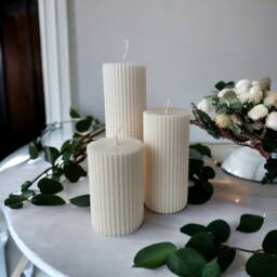 Elegant Ecru Ribbed Pillar Soy Candles Handmade Home Decor - thumbnail 4