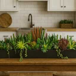 Faux Succulent Planter Artificial Foliage Wooden Centrepiece, Natural Modern Home Decor - thumbnail 2