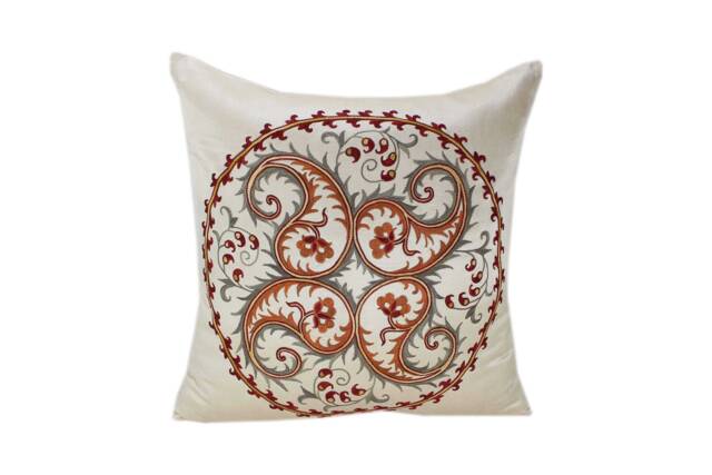 Hand-Embroidered Silk Suzani Pillow Cover - image 1