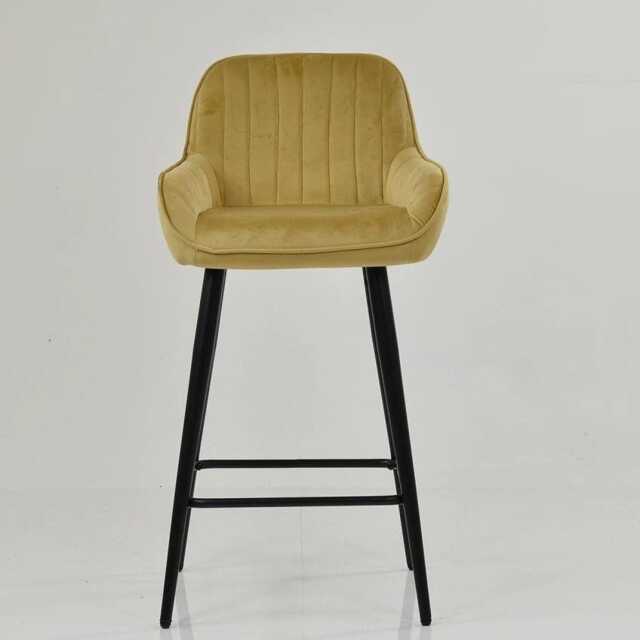Yellow Velvet Bar Stool With Backrest - Breakfast & Kitchen Stool, Art Deco Black Base - image 1