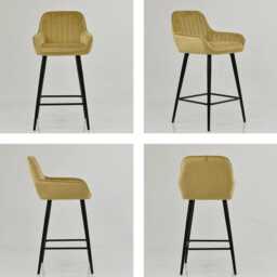 Yellow Velvet Bar Stool With Backrest - Breakfast & Kitchen Stool, Art Deco Black Base - thumbnail 4