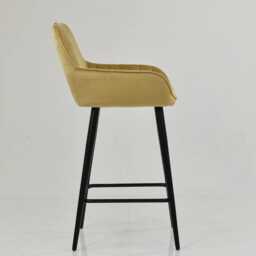 Yellow Velvet Bar Stool With Backrest - Breakfast & Kitchen Stool, Art Deco Black Base - thumbnail 3