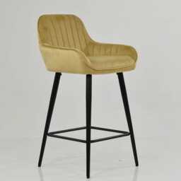 Yellow Velvet Bar Stool With Backrest - Breakfast & Kitchen Stool, Art Deco Black Base - thumbnail 2