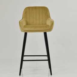 Yellow Velvet Bar Stool With Backrest - Breakfast & Kitchen Stool, Art Deco Black Base - thumbnail 1