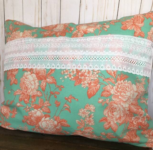 Floral Pillow Cover 16x20 Pink Magnolia, Aqua Peach With Lace - image 1