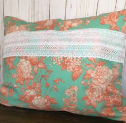 Floral Pillow Cover 16x20 Pink Magnolia, Aqua Peach With Lace - thumbnail 1