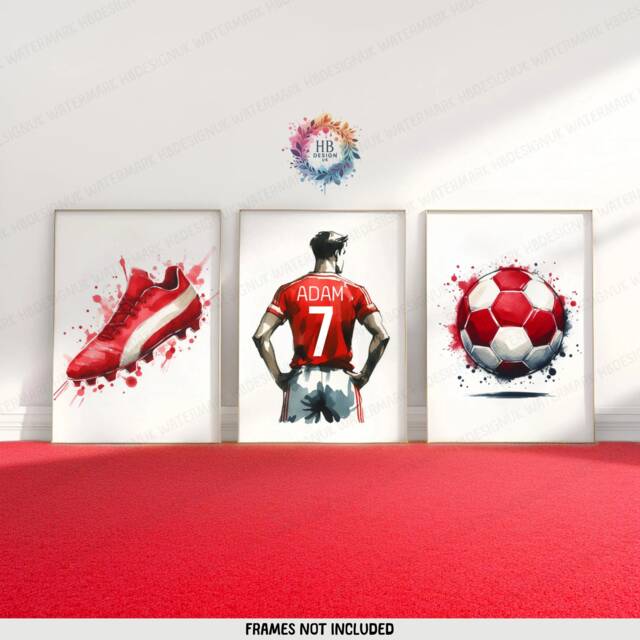Personalised Football Print Set - 3 Posters - Boys Bedroom Decor Kids Room Wall Art Soccer Artwork Custom Teen Footballer Gifts Red - image 1