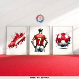 Personalised Football Print Set - 3 Posters - Boys Bedroom Decor Kids Room Wall Art Soccer Artwork Custom Teen Footballer Gifts Red - thumbnail 1