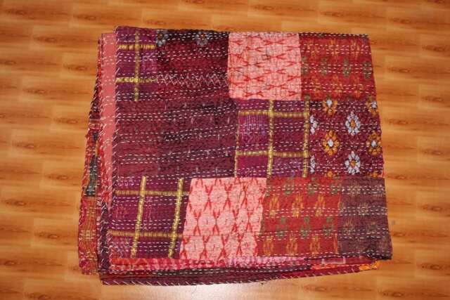 Vintage Quilt Old Patola Indian Silk Sari Kantha Quilted Patchwork Bedspread - image 1