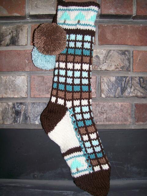 Hand Knit Christmas Stocking Pastel Blue Green Brown Windowpane Check Stripe Fir Tree Detail By Santa's Works - image 1
