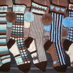 Hand Knit Christmas Stocking Pastel Blue Green Brown Windowpane Check Stripe Fir Tree Detail By Santa's Works - thumbnail 4