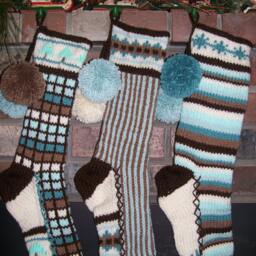 Hand Knit Christmas Stocking Pastel Blue Green Brown Windowpane Check Stripe Fir Tree Detail By Santa's Works - thumbnail 3