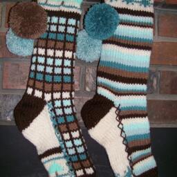 Hand Knit Christmas Stocking Pastel Blue Green Brown Windowpane Check Stripe Fir Tree Detail By Santa's Works - thumbnail 2