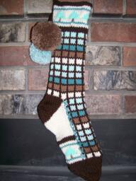 Hand Knit Christmas Stocking Pastel Blue Green Brown Windowpane Check Stripe Fir Tree Detail By Santa's Works