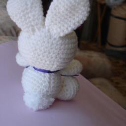 Bunny Rabbit Crocheted in White 8 Ply Acrylic Yarn With Purple Ribbon - thumbnail 3