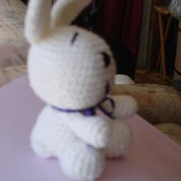 Bunny Rabbit Crocheted in White 8 Ply Acrylic Yarn With Purple Ribbon - thumbnail 2