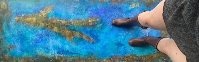 Blue Gold Abstract Hand-Painted Canvas Floorcloth Waterproof Art - image 1