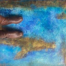 Blue Gold Abstract Hand-Painted Canvas Floorcloth Waterproof Art - thumbnail 2