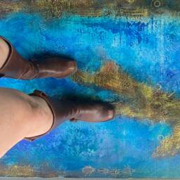 Blue Gold Abstract Hand-Painted Canvas Floorcloth Waterproof Art - thumbnail 4