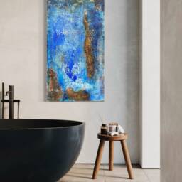 Blue Gold Abstract Hand-Painted Canvas Floorcloth Waterproof Art - thumbnail 3
