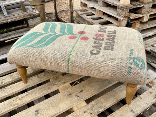 Coffee Sack Footstool Handmade Upholstered Ottoman With Hardwood Legs - image 1