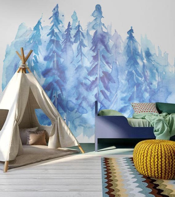 Watercolor Winter Trees Removable Wallpaper, Peel & Stick, Wall Covering, Decal, Repositionable, Decor, Mural, Art #74 - image 1