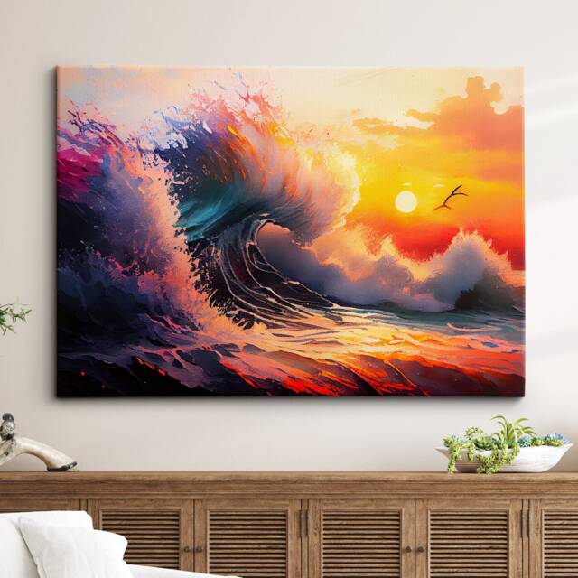 Crashing Colourful Waves Beach Ocean Abstract Oil Painting Wall Art, Framed Canvas Poster Print, Home Kitchen Office Room Decor, Gifts - image 1