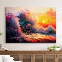 Crashing Colourful Waves Beach Ocean Abstract Oil Painting Wall Art, Framed Canvas Poster Print, Home Kitchen Office Room Decor, Gifts - thumbnail 1
